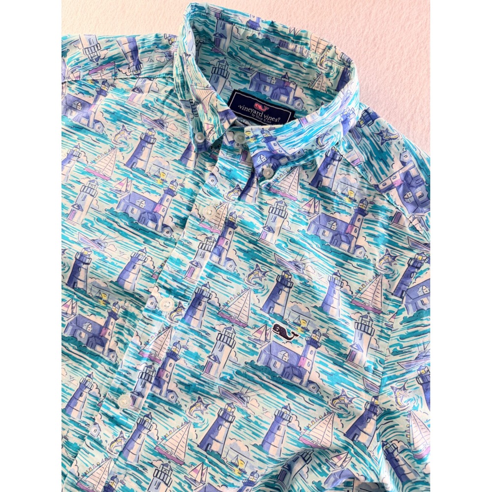 Vineyard Vines Mens XS Classic Fit Whale Shirt Lighthouse Sailboat Blue 1W012792